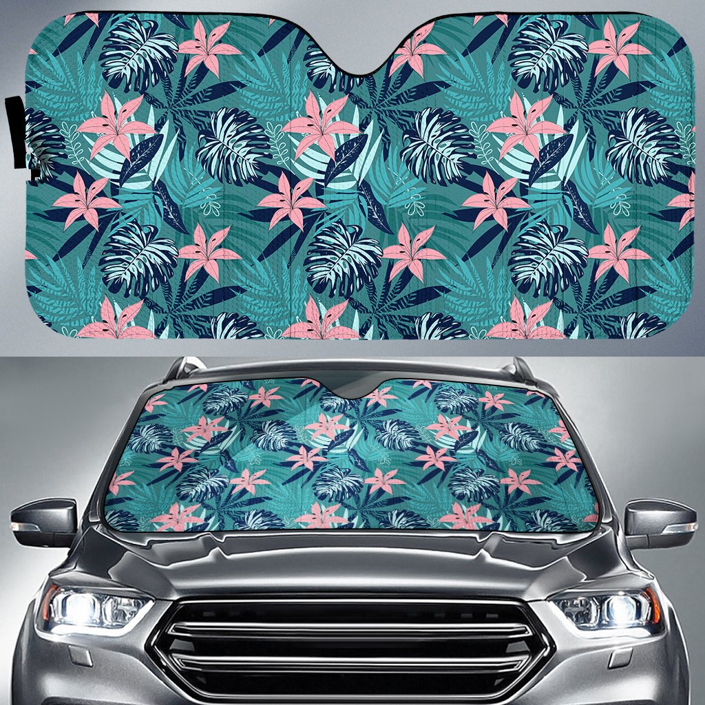 Hawaii Tropical Monstera Leaf Blue Hawaii Car Sun Shade Auto Sun Shade Universal Fit Blue - Polynesian Pride