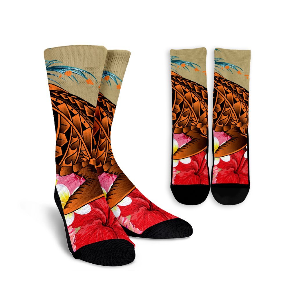Hawaii Tropical Turtle Hibiscus And Plumeria Crew Socks - AH Crew Socks White - Polynesian Pride