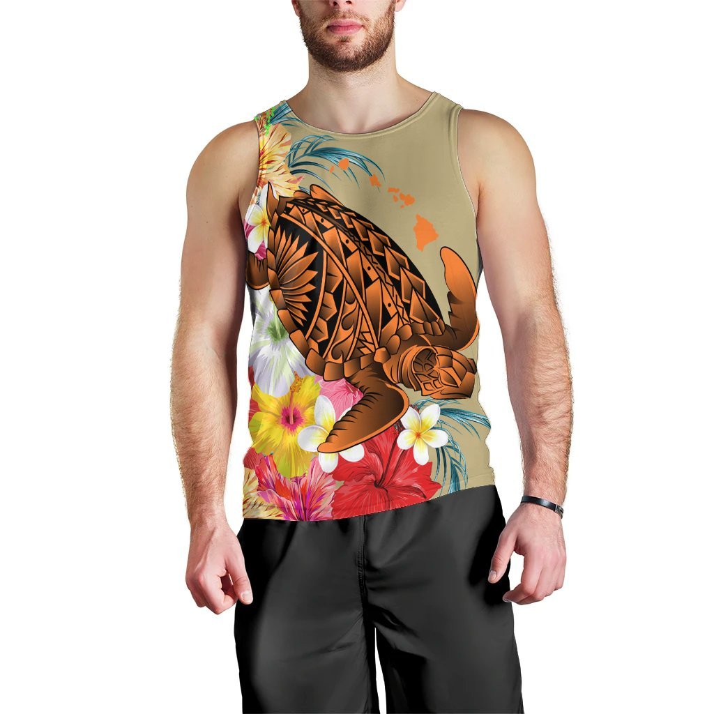 Hawaii Tropical Turtle Hibiscus And Plumeria Tank Top - AH Men's Tank Top Black - Polynesian Pride