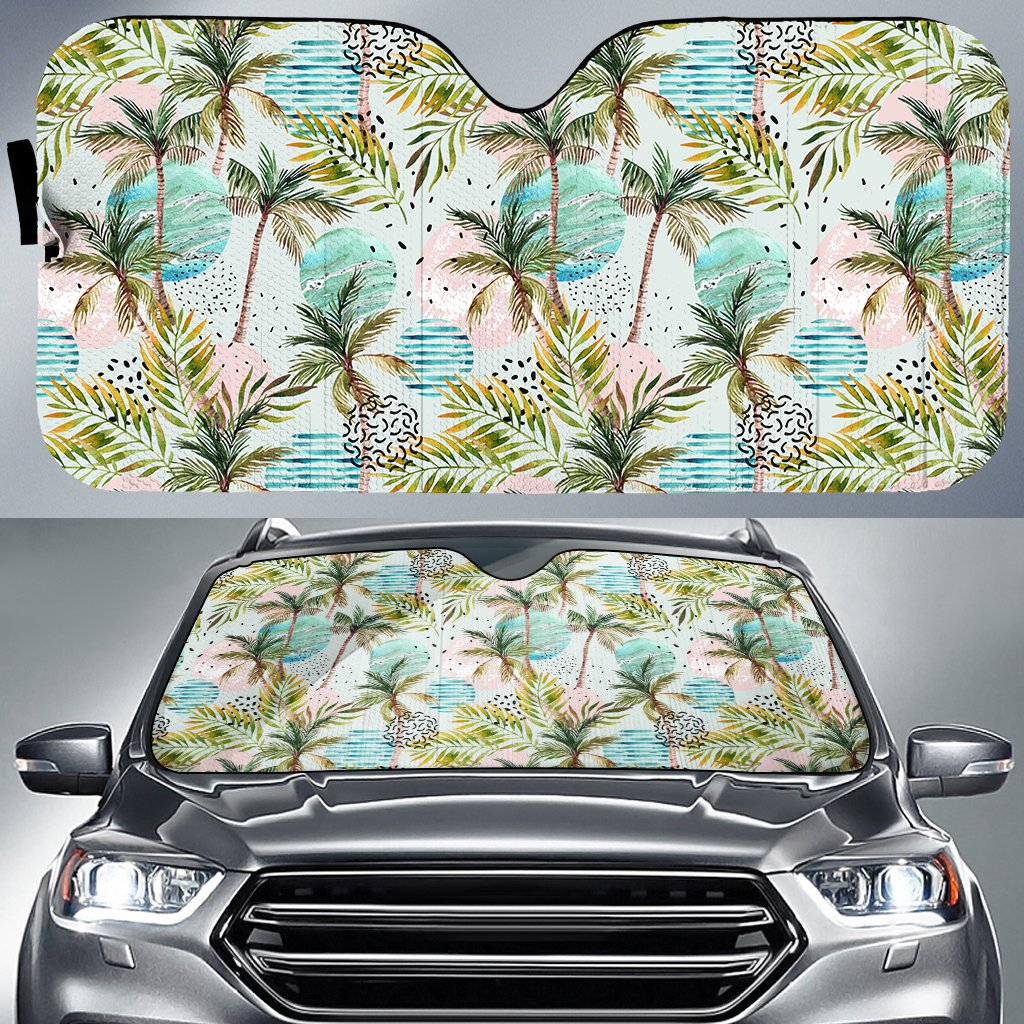 Hawaii Tropical Watercolor Palm Tree Leaf Hawaii Car Sun Shade Auto Sun Shade Universal Fit White - Polynesian Pride
