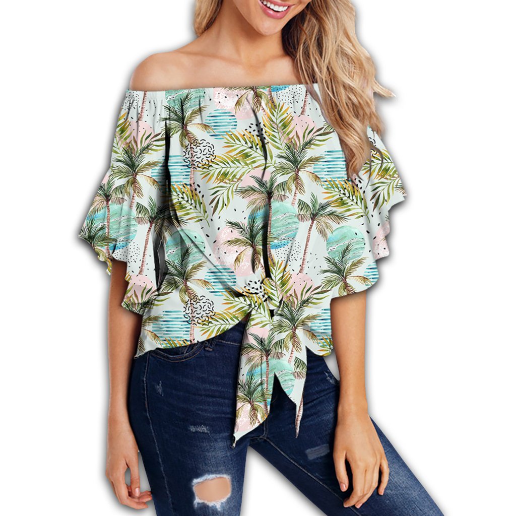 Hawaii Tropical Watercolor Palm Tree Leaf Women's Off Shoulder Wrap Waist Top - AH - Polynesian Pride
