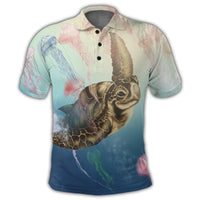 Hawaii Turtle and Jellyfish In Deep Sea Moana Polo Shirt - Polynesian Pride