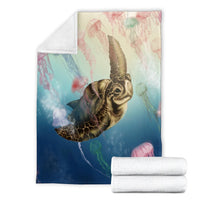 Hawaii Turtle And Jellyfish In Deep Sea Moana Premium Blankets - AH - Polynesian Pride