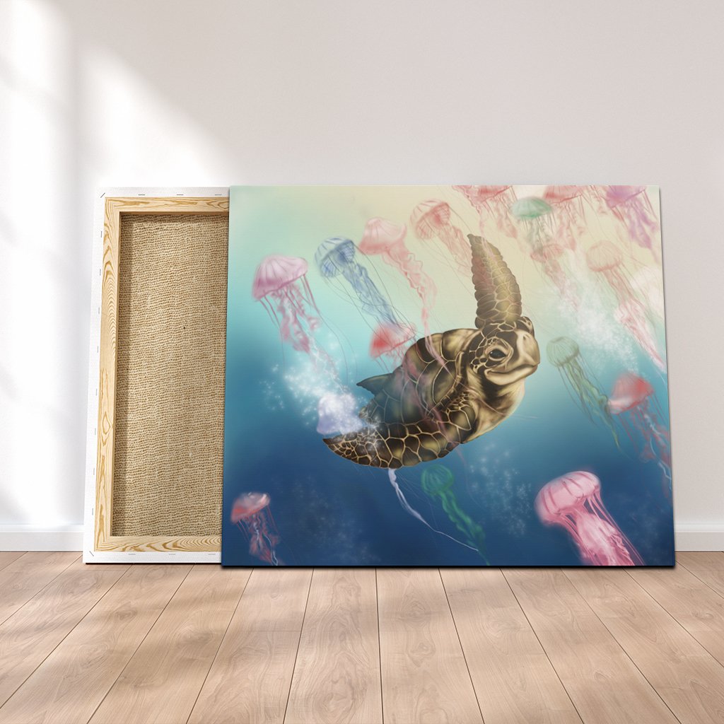 Hawaii Turtle And Jellyfish In Deep Sea Moana Canvas - AH Canvas Poly-cotton - Polynesian Pride