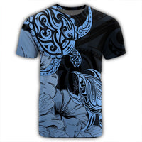 Hawaii Turtle T Shirt Polynesian Hibiscus Art Blue - Polynesian Pride