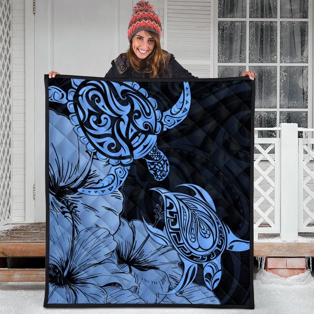 Hawaii Turtle Premium Quilts Polynesian Hibiscus Art Blue - AH - Polynesian Pride