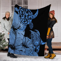 Hawaii Turtle Premium Blankets Polynesian Hibiscus Art Blue - AH - Polynesian Pride