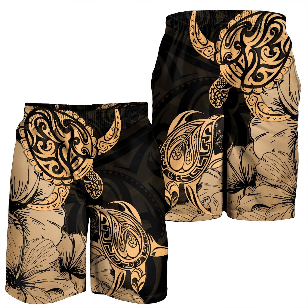 Hawaii Turtle Men's Shorts Polynesian Hibiscus Art Gold - AH - Polynesian Pride