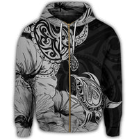 Hawaii Turtle Zip Hoodie Polynesian Hibiscus Art Gray - Polynesian Pride