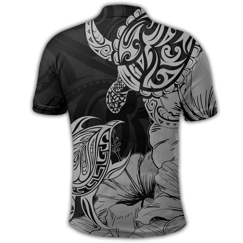 Hawaii Turtle Polo Shirt Polynesian Hibiscus Art Gray - Polynesian Pride