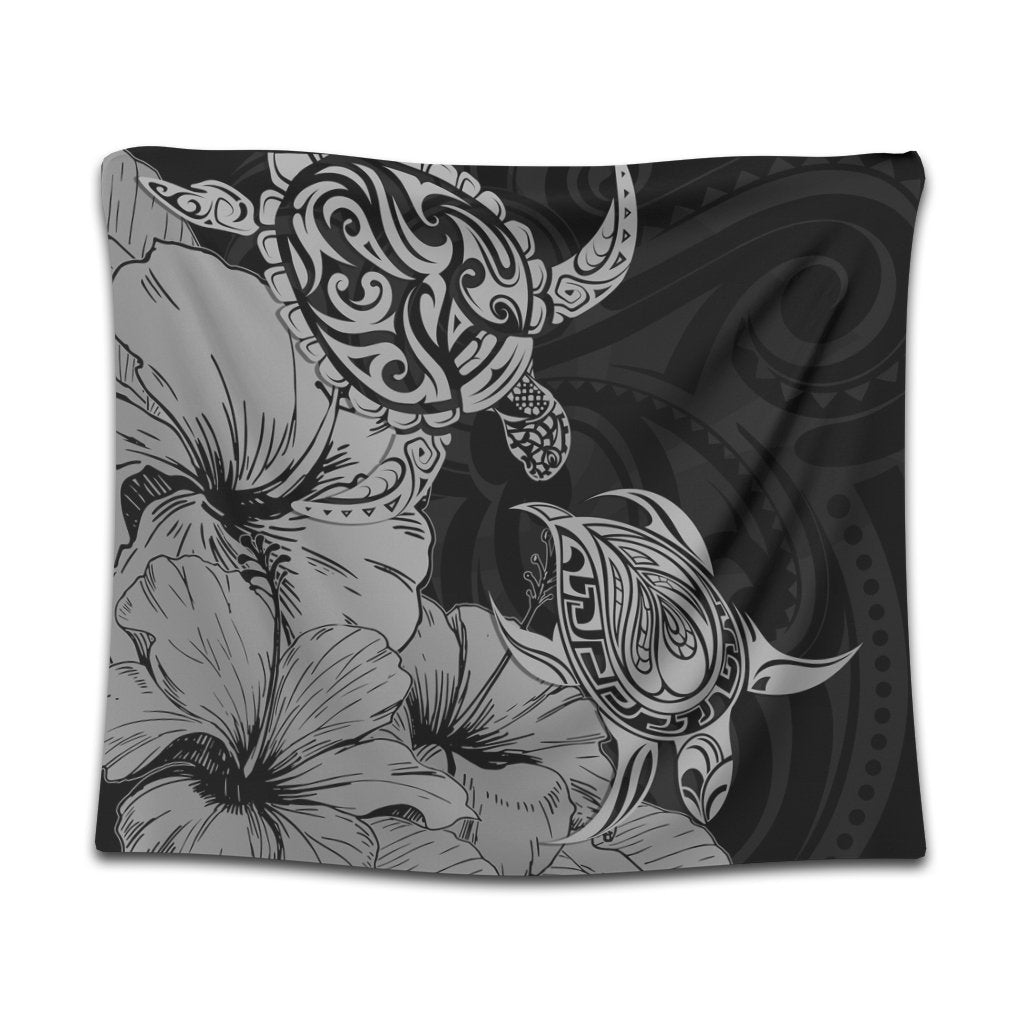 Hawaii Turtle Tapestry Polynesian Hibiscus Art Gray - AH Wall Tapestry Black - Polynesian Pride
