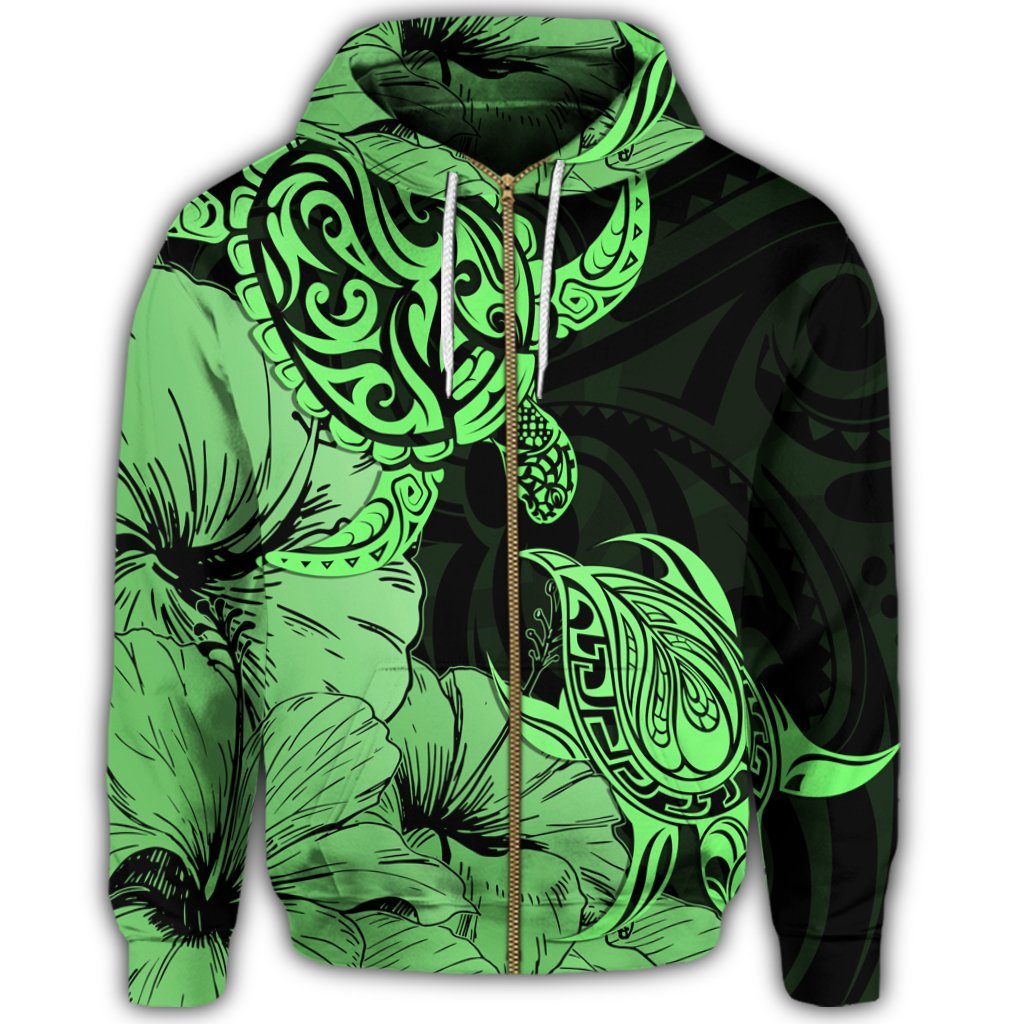 Hawaii Turtle Zip Hoodie Polynesian Hibiscus Art Green - Polynesian Pride