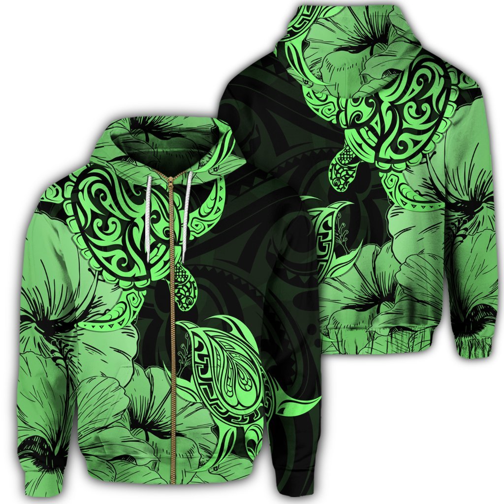 Hawaii Turtle Zip Hoodie Polynesian Hibiscus Art Green Unisex Art - Polynesian Pride