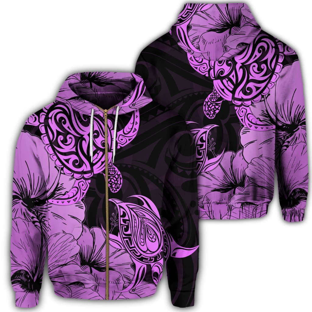 Hawaii Turtle Zip Hoodie Polynesian Hibiscus Art Pink Unisex Art - Polynesian Pride