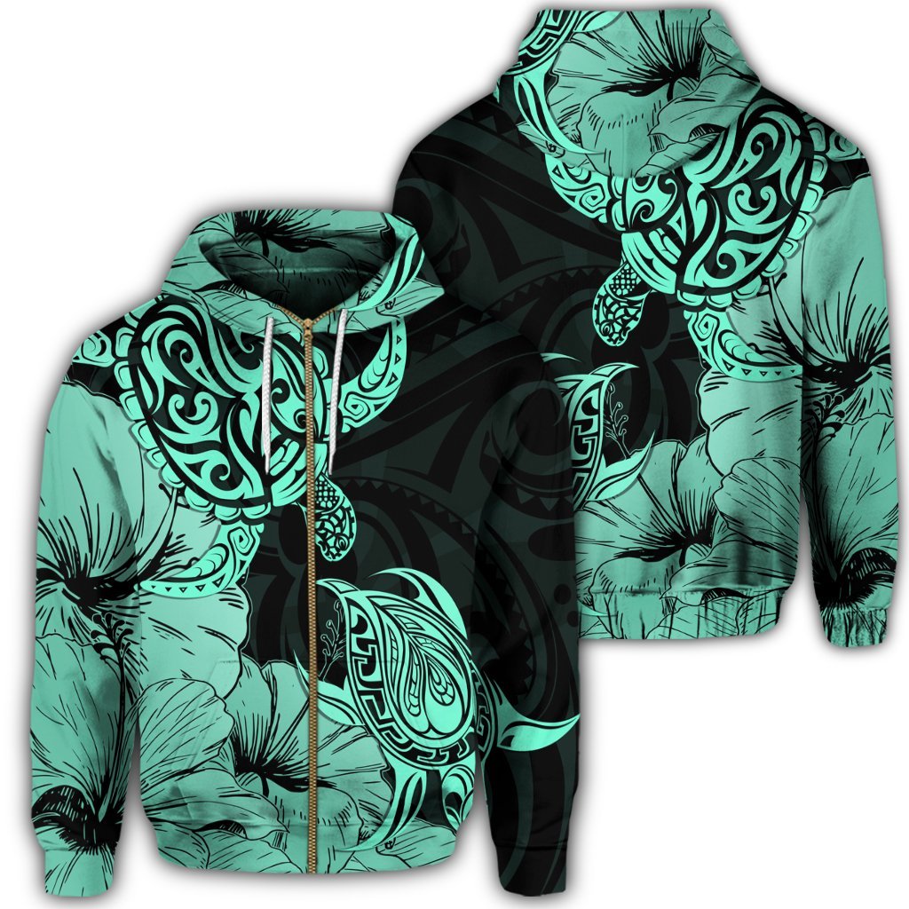 Hawaii Turtle Zip Hoodie Polynesian Hibiscus Art Turquoise Unisex Art - Polynesian Pride