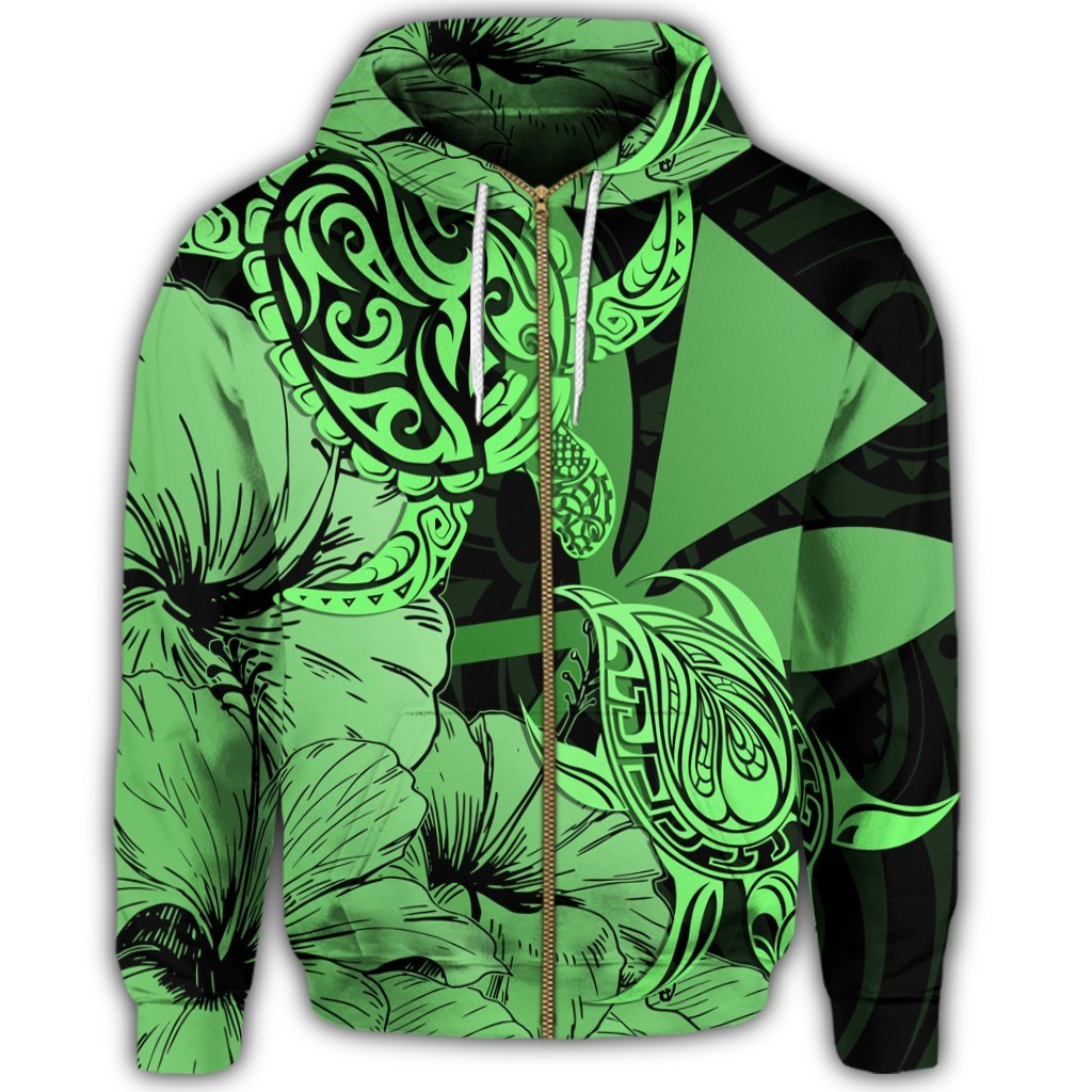 Hawaii Turtle Zip Hoodie Polynesian Hibiscus Art Ver 2.0 Green - Polynesian Pride