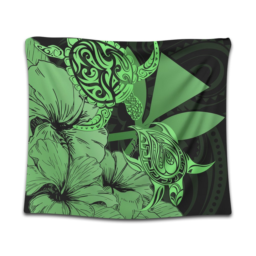 Hawaii Turtle Tapestry Polynesian Hibiscus Art Ver 2.0 Green - AH Wall Tapestry Black - Polynesian Pride
