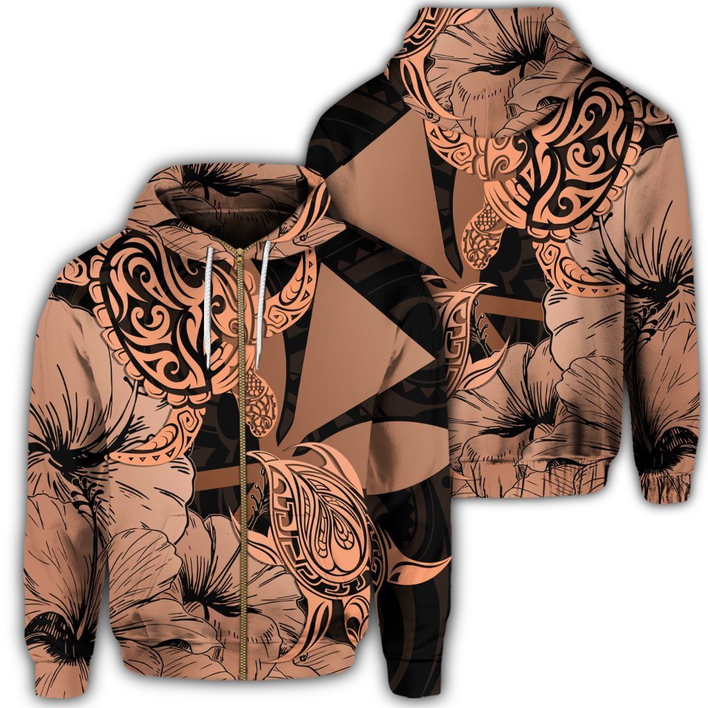 Hawaii Turtle Zip Hoodie Polynesian Hibiscus Art Ver 2.0 Orange Unisex Art - Polynesian Pride