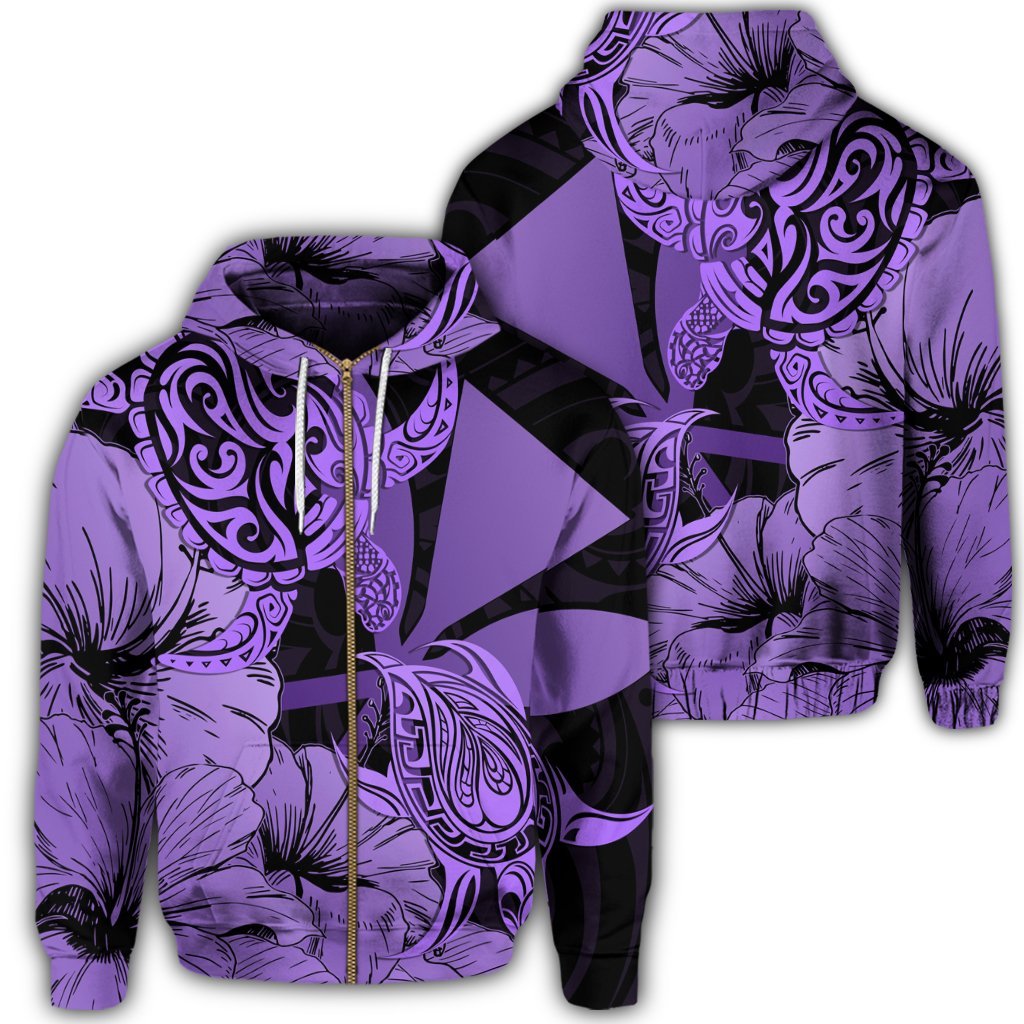 Hawaii Turtle Zip Hoodie Polynesian Hibiscus Art Ver 2.0 Violet Unisex Art - Polynesian Pride