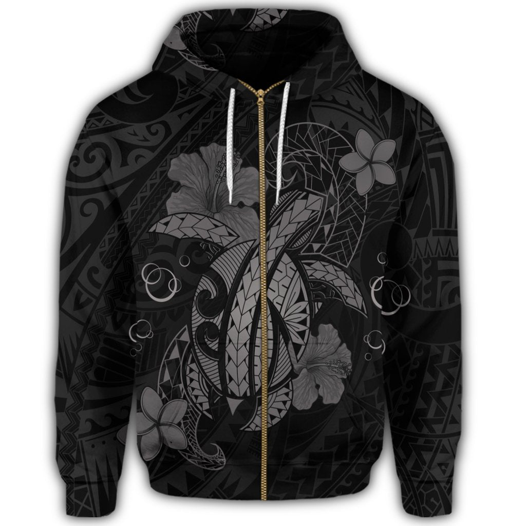 Hawaii Turtle Flower Polynesian Zip Hoodie Gray - Polynesian Pride