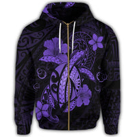 Hawaii Turtle Flower Polynesian Zip Hoodie Purple - Polynesian Pride