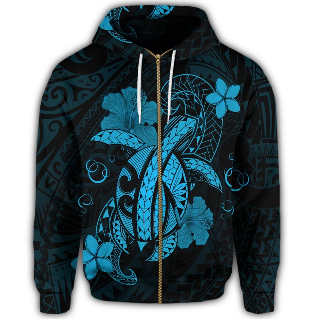 Hawaii Turtle Flower Polynesian Zip Hoodie Turquoise - Polynesian Pride