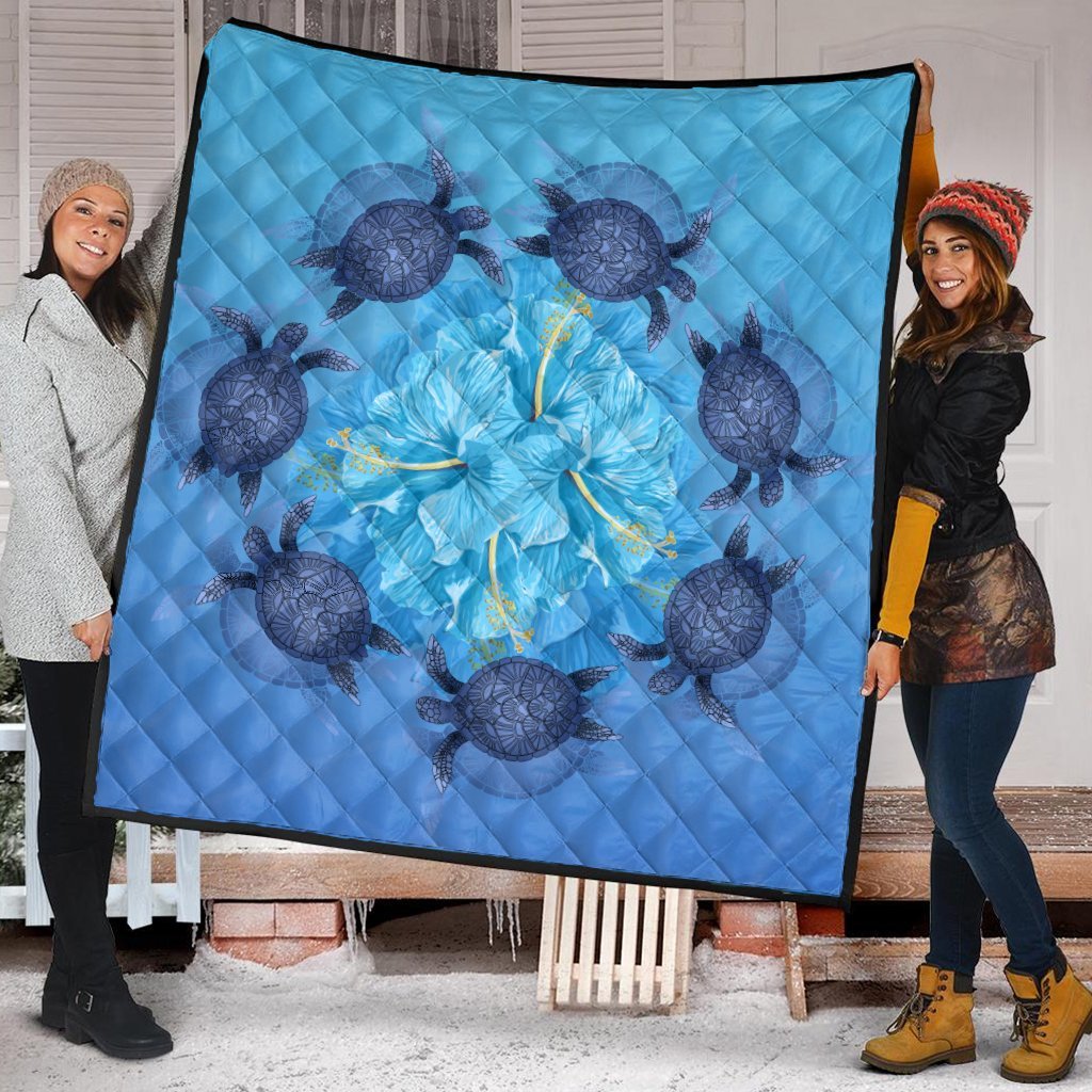 Hawaii Turtle Hibiscus Blue Premium Quilts - AH - Polynesian Pride