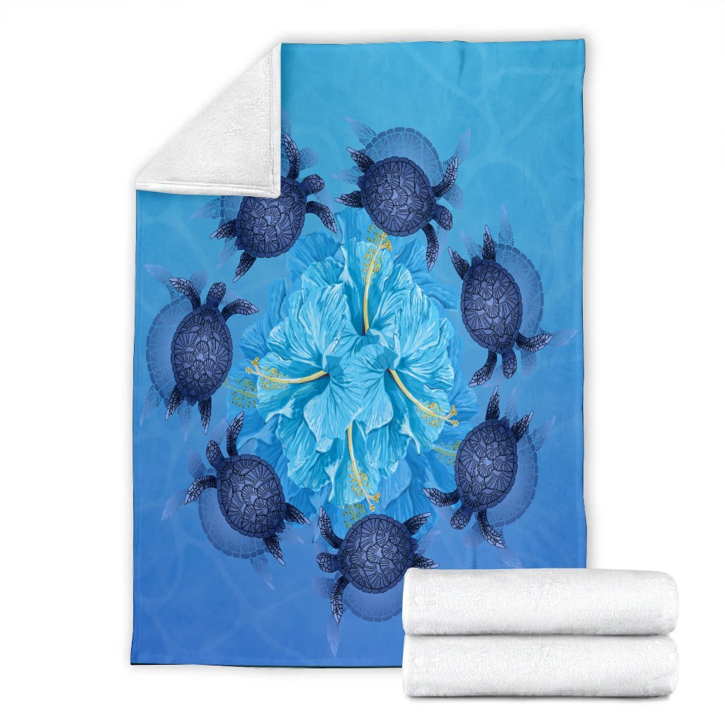 Hawaii Turtle Hibiscus Blue Premium Blankets - AH - Polynesian Pride