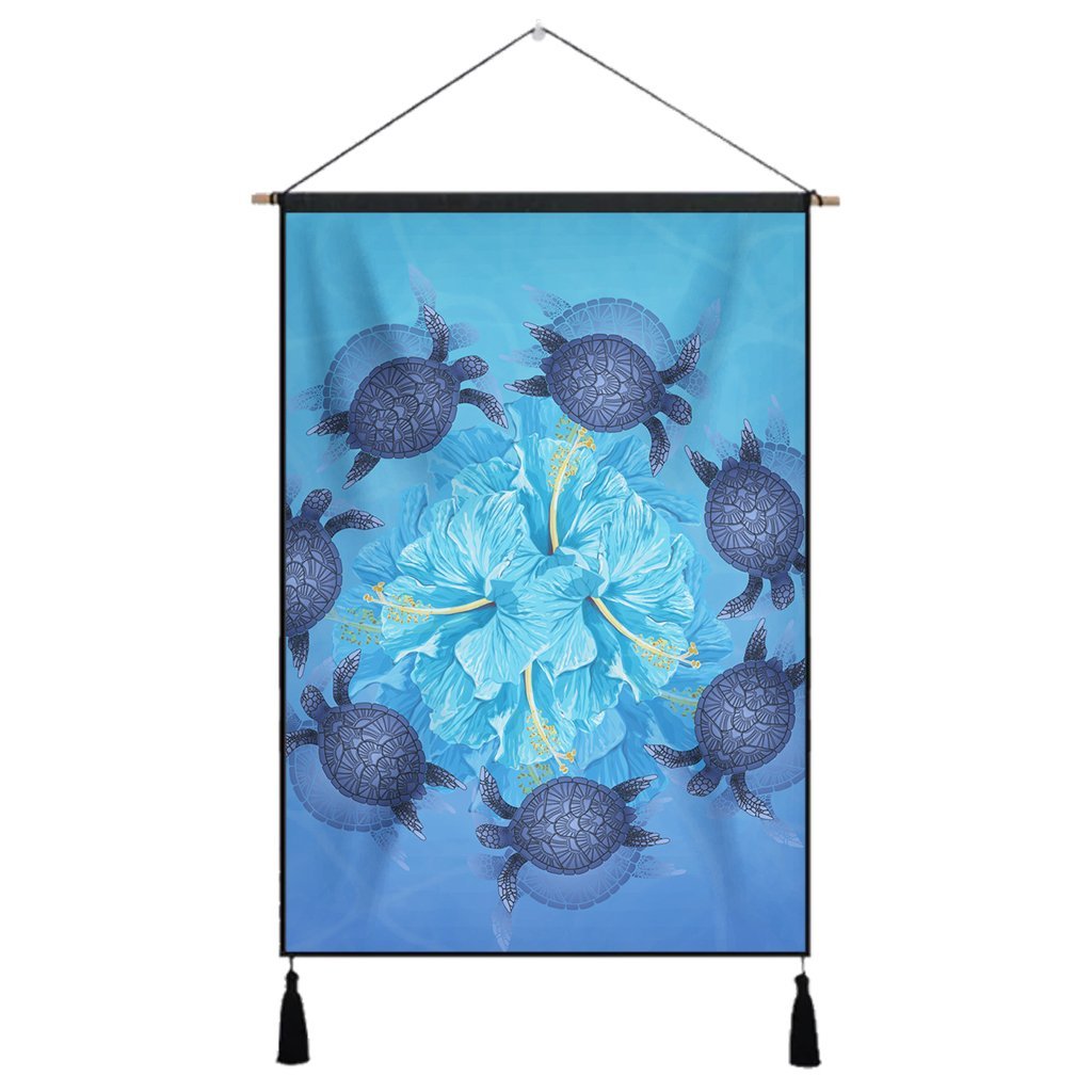 Hawaii Turtle Hibiscus Blue Hanging Poster - AH Hanging Poster Cotton And Linen - Polynesian Pride