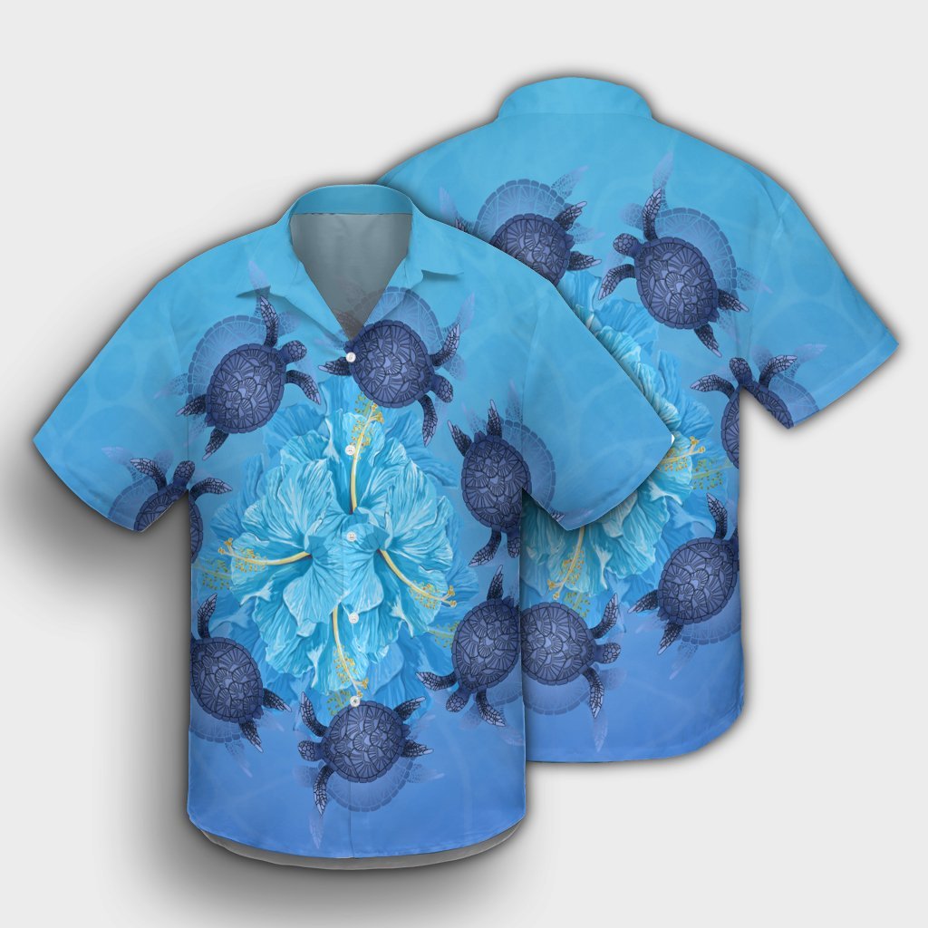 Hawaii Turtle Hibiscus Blue Hawaiian Shirt - AH - Polynesian Pride