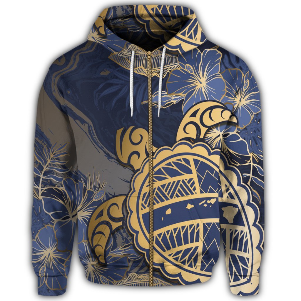 Hawaii Turtle Hibiscus Gold Zip Hoodie Kyn Style - Polynesian Pride