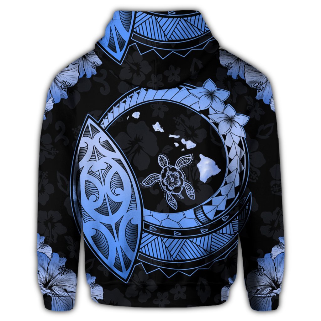 Hawaii Turtle Hibiscus Map Polynesian Zip Hoodie Blue - Polynesian Pride