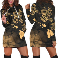 Hawaii Turtle Hibiscus Map Polynesian Hoodie Dress Gold - AH Black - Polynesian Pride