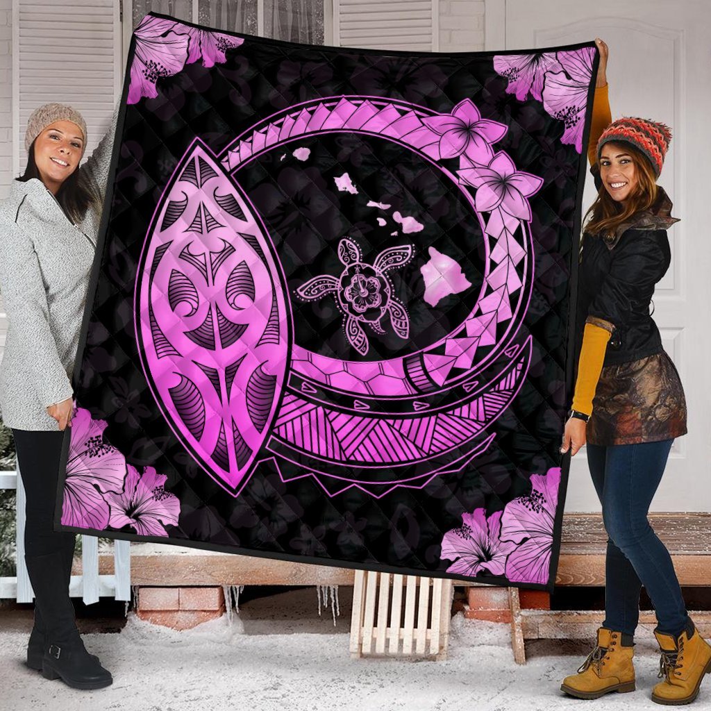 Hawaii Turtle Hibiscus Map Polynesian Premium Quilts Pink - AH - Polynesian Pride