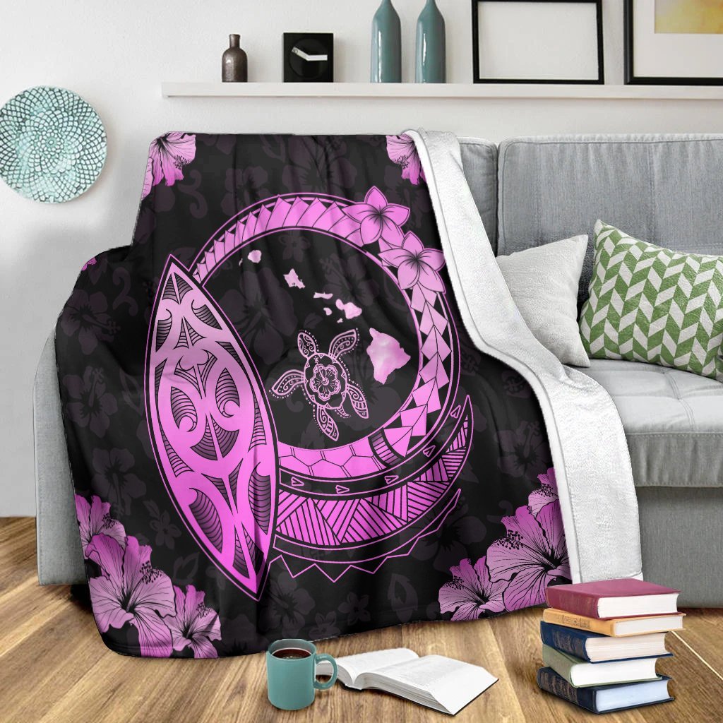 Hawaii Turtle Hibiscus Map Polynesian Premium Blankets Pink - AH - Polynesian Pride