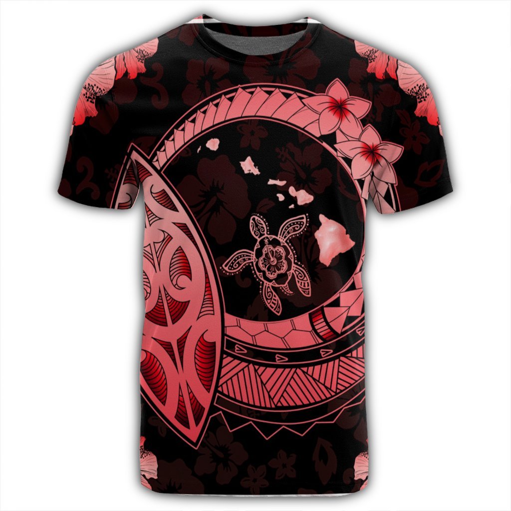 Hawaii Turtle Hibiscus Map Polynesian T Shirt Red - Polynesian Pride