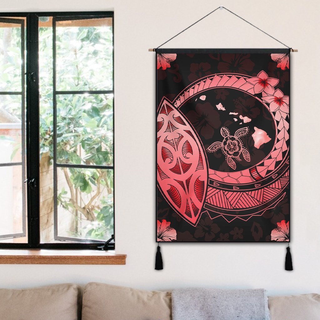 Hawaii Turtle Hibiscus Map Polynesian Hanging Poster Red - AH - Polynesian Pride