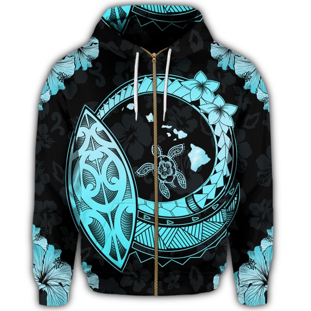 Hawaii Turtle Hibiscus Map Polynesian Zip Hoodie Turquoise - Polynesian Pride