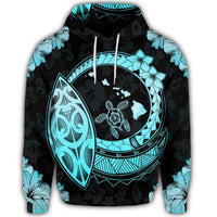 Hawaiian Turtle Hibiscus Map Polynesian Hoodie Turquoise - Polynesian Pride