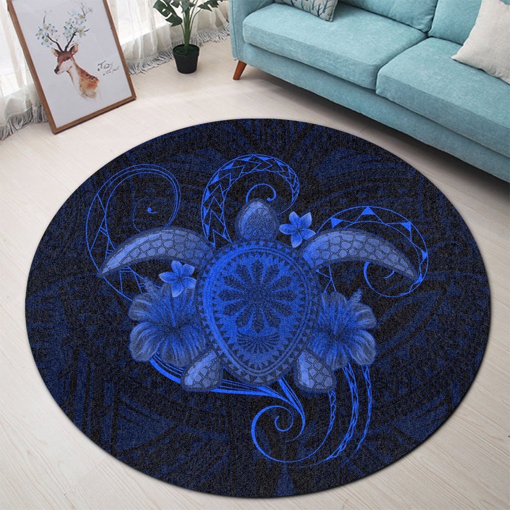 Hawaii Turtle Hibiscus Polynesian Round Carpet - Full Style - Blue - AH - Polynesian Pride