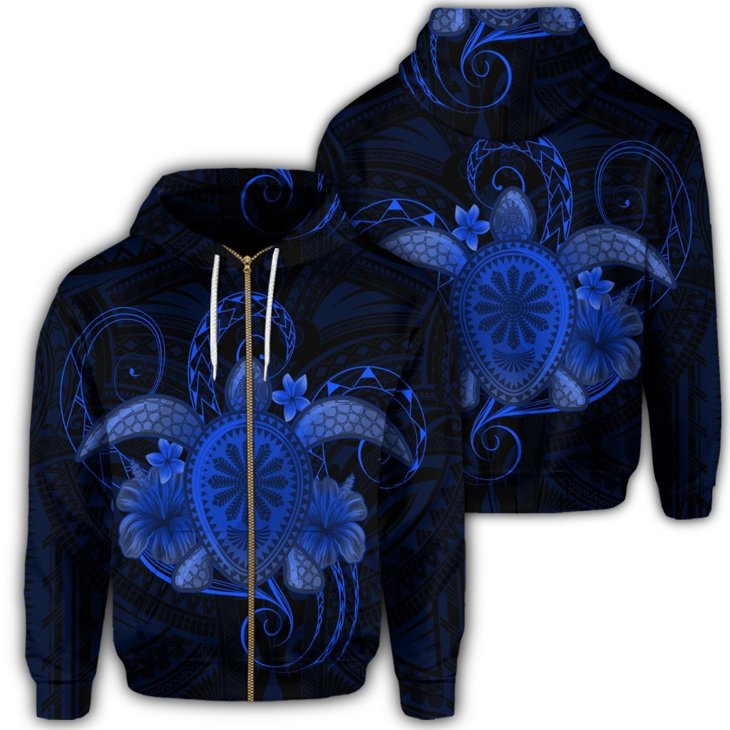 Hawaii Turtle Hibiscus Polynesian Zip Hoodie Full Style Blue Unisex Art - Polynesian Pride