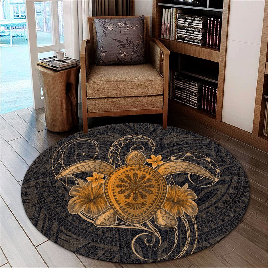 Hawaii Turtle Hibiscus Polynesian Round Carpet - Full Style - Gold - AH - Polynesian Pride
