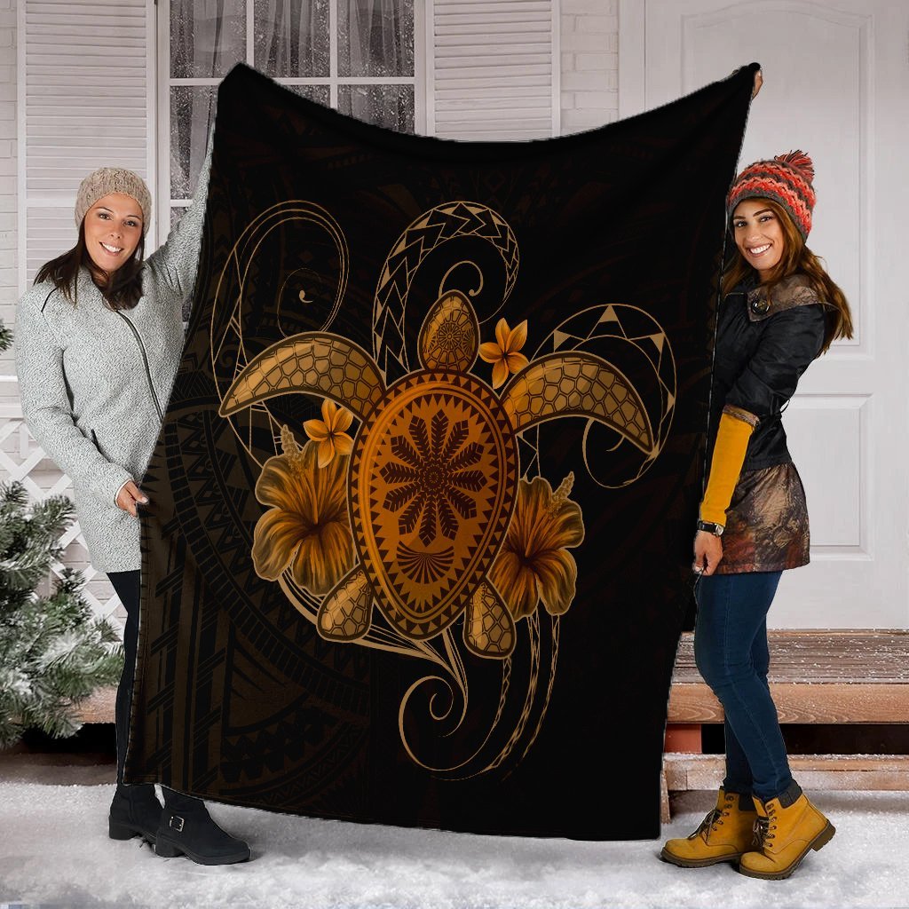 Hawaii Turtle Hibiscus Polynesian Premium Blankets - Full Style - Gold - AH - Polynesian Pride
