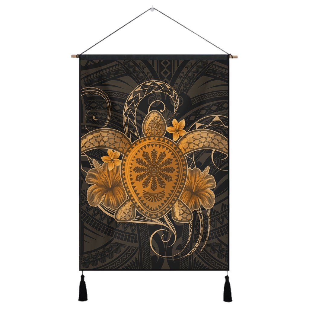 Hawaii Turtle Hibiscus Polynesian Hanging Poster - Full Style - Gold - AH Hanging Poster Cotton And Linen - Polynesian Pride