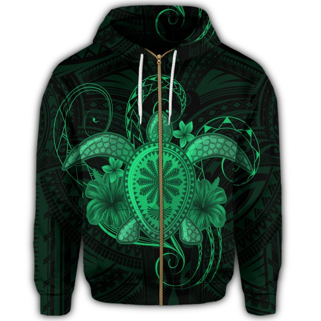Hawaii Turtle Hibiscus Polynesian Zip Hoodie Full Style Green - Polynesian Pride