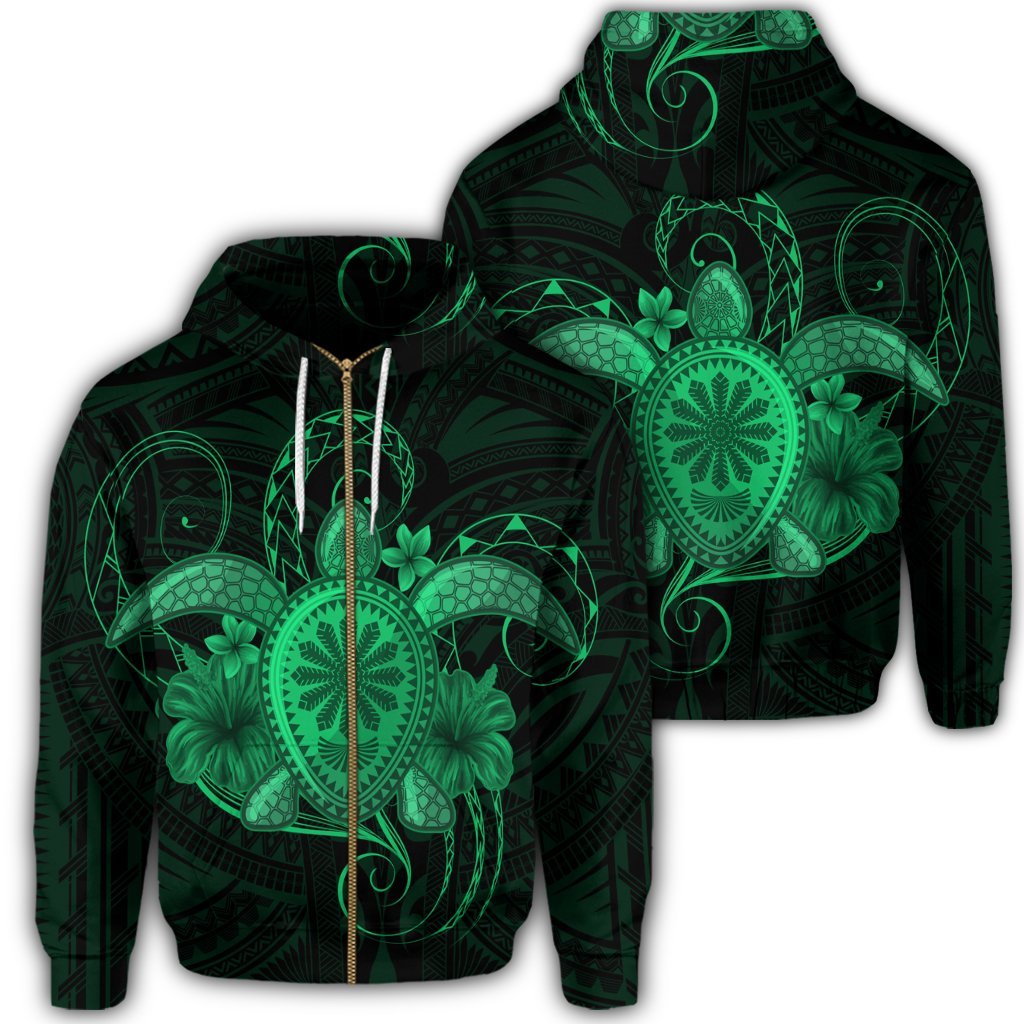 Hawaii Turtle Hibiscus Polynesian Zip Hoodie Full Style Green Unisex Art - Polynesian Pride