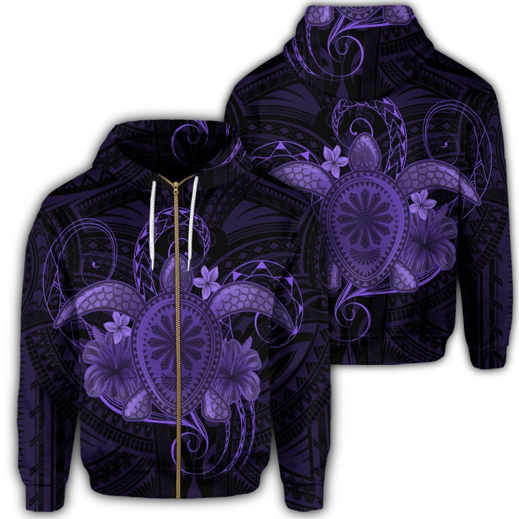 Hawaii Turtle Hibiscus Polynesian Zip Hoodie Full Style Purple Unisex Art - Polynesian Pride