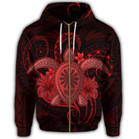 Hawaii Turtle Hibiscus Polynesian Zip Hoodie Full Style Red - Polynesian Pride