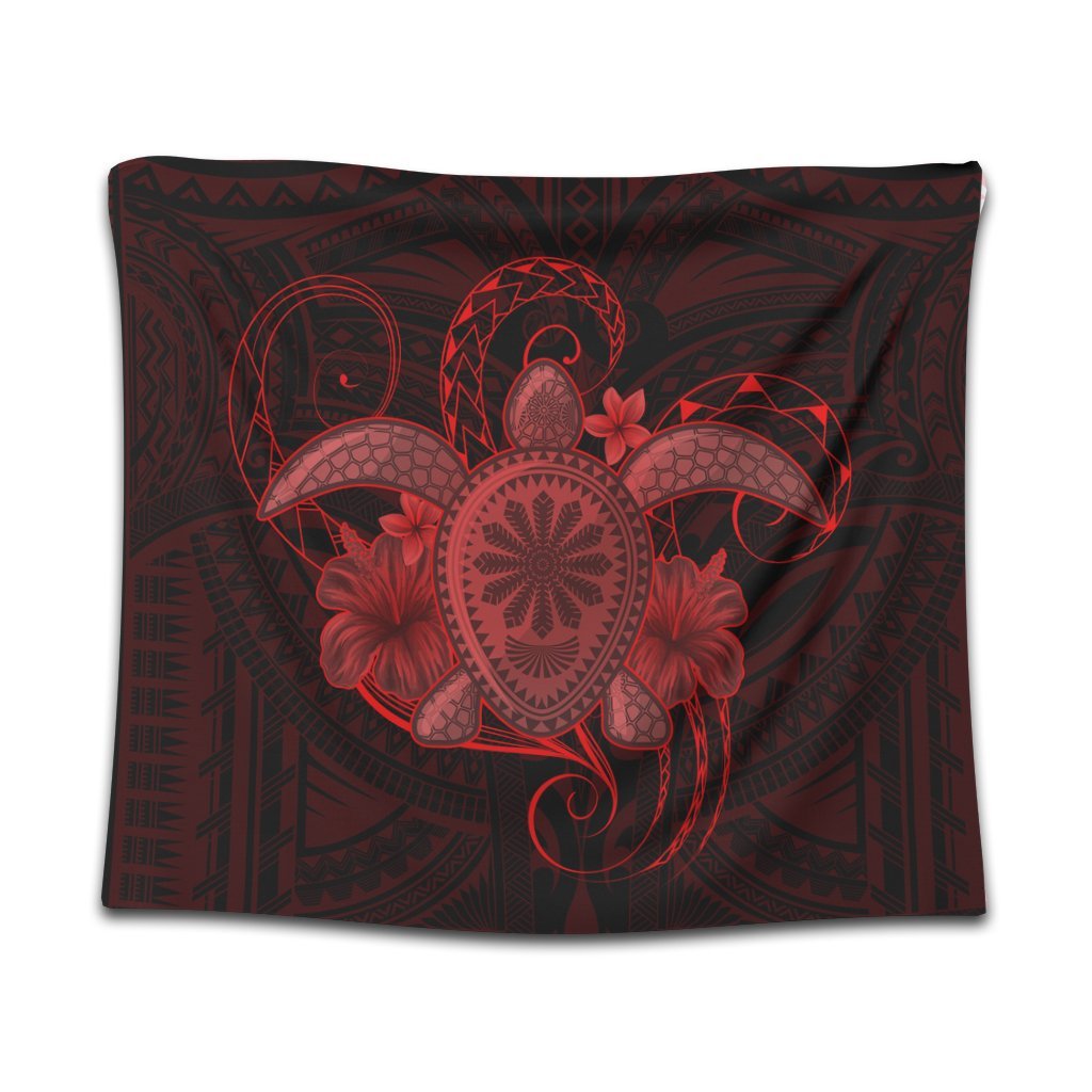Hawaii Turtle Hibiscus Polynesian Tapestry - Full Style - Red - AH Wall Tapestry Black - Polynesian Pride