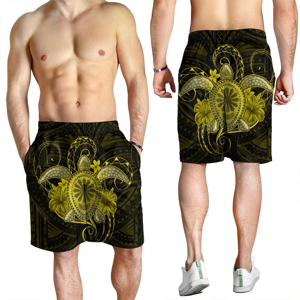 Hawaii Turtle Hibiscus Polynesian Men's Shorts - Full Style - Yellow - AH - Polynesian Pride